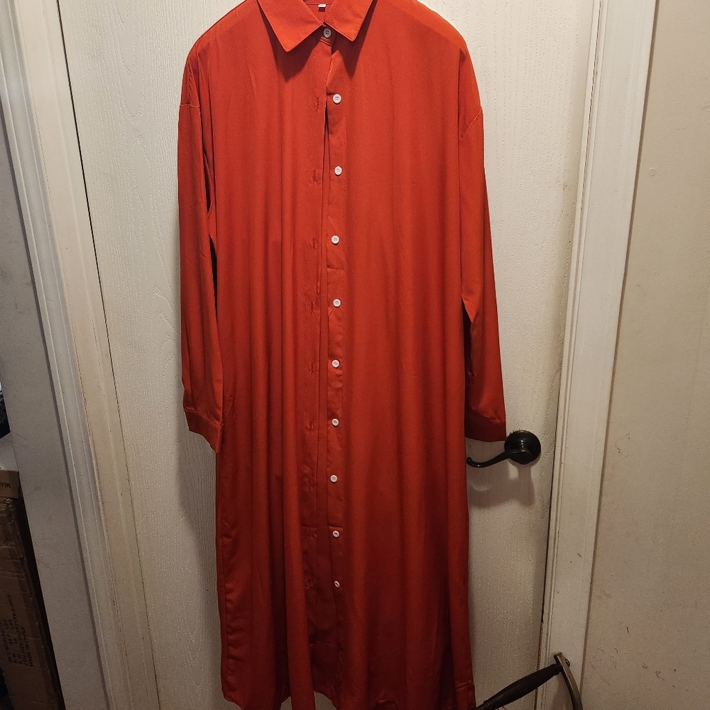 Women's long red solid dress, plus size, 3XL/18, button down front